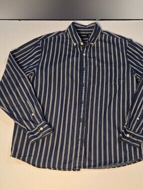 Express Button Down Shirt Blue and White Vertical Stripe Business Casual Size L